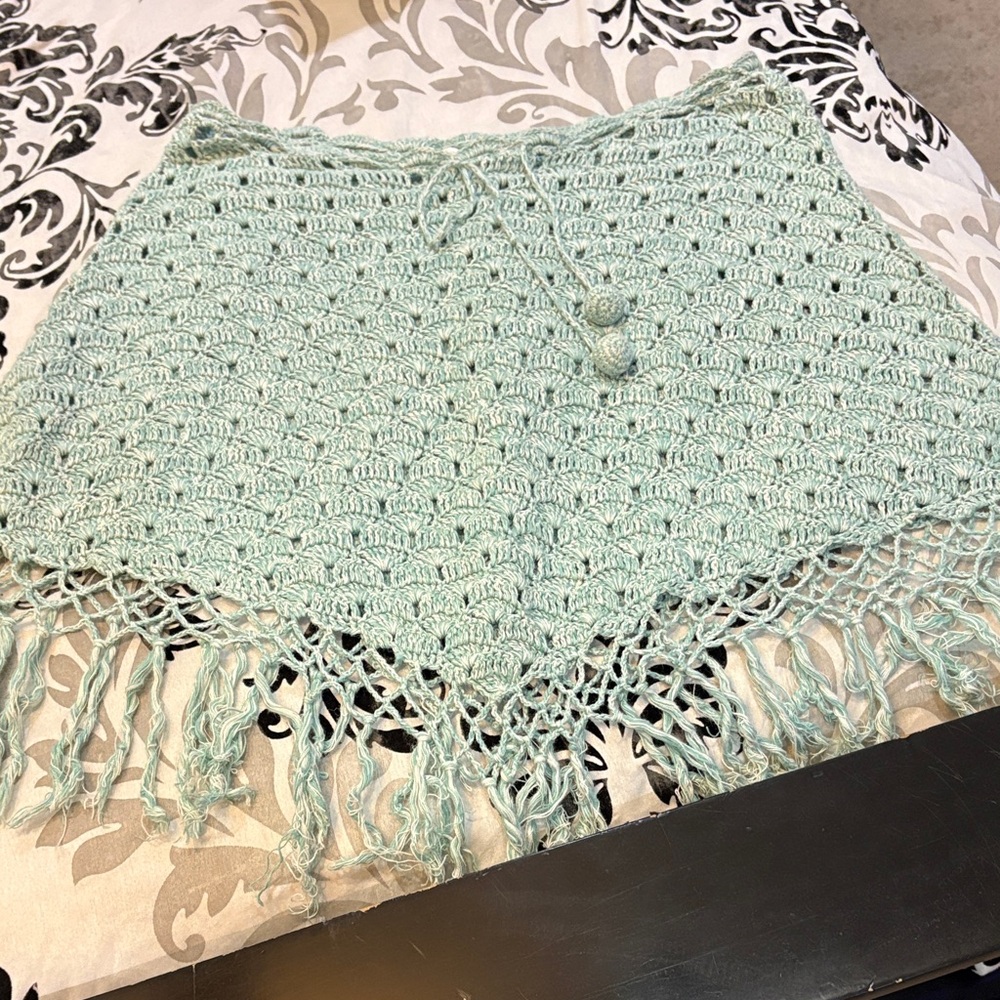 Hollister Mint Crochet Poncho with Fringe